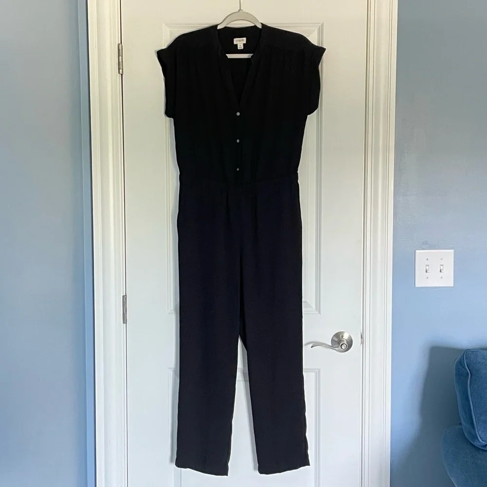 J. Crew Black V-neck Cuffed Short Sleeve Camp-Shirt Jumpsuit - 47207